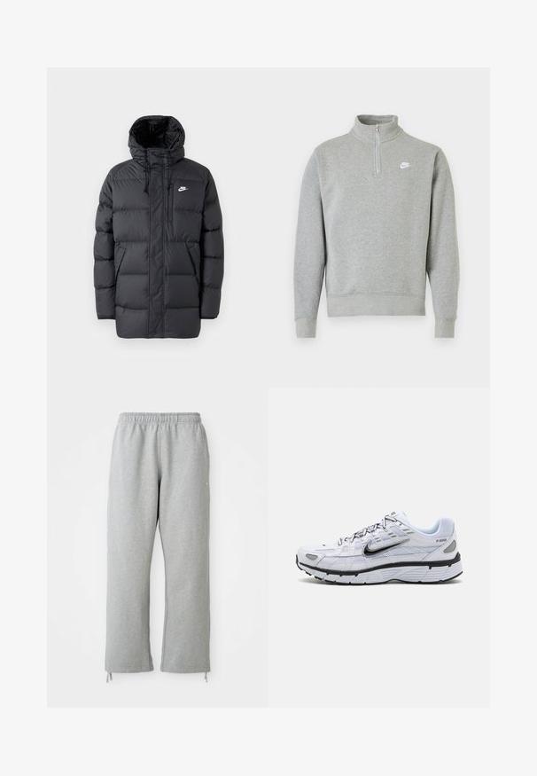 Schwarze Pufferjacke mit Kapuze, mit Reißverschluss vorne, elastischen Bündchen, Seitentaschen und einem kleinen Logo auf der Brust. Strukturierte, gesteppte Optik.; Grauer Sweatshirt mit halbseitigem Reißverschluss-Kragen, langen Ärmeln, gerippten Bündchen und Saum. Mit einem kleinen weißen Nike-Logo auf der Brust.; Graue Sweatpants mit einem elastischen Bund, geraden Beinen und Kordelzug-Akzenten am Saum. Hergestellt aus weichem, strukturierter Stoff.; Weißer Laufschuh mit Obermaterial aus Mesh, abgerundetem Zeh, schwarzen Akzenten und gemusterter Sohle. Verfügt über Schnürung und Branding an der Seite.