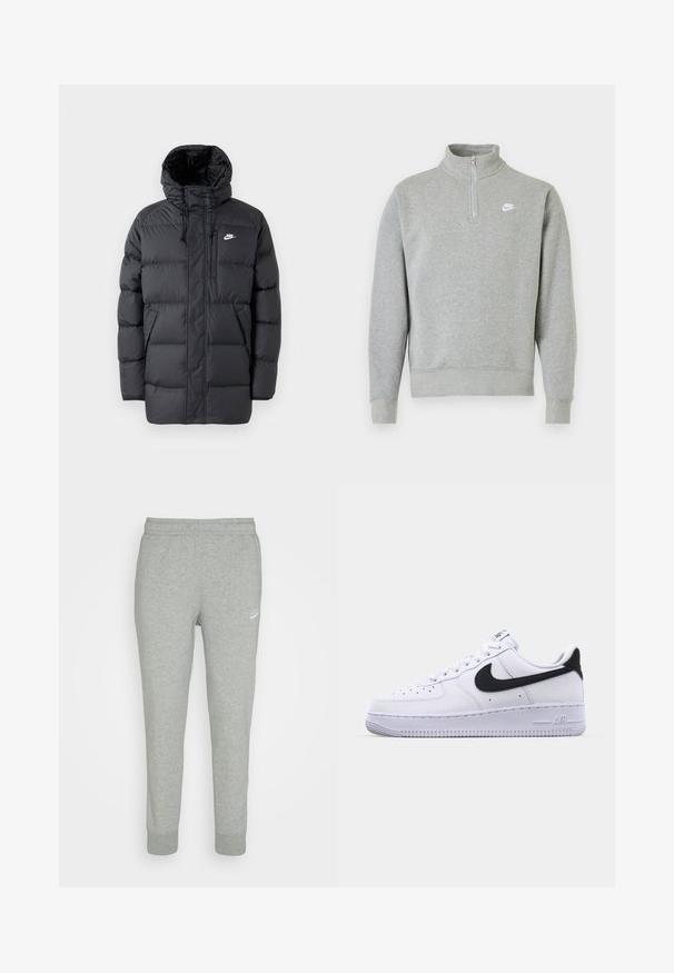 Sort pufferjakke med hætte, med lynlås foran, elastiske manchetter, sidelommer og et lille logo på brystet. Struktureret, quiltet design.; Grå sweatshirt med halvlynlås-krave, lange ærmer, ribbede manchetter og kant. Har et lille hvidt Nike-logo på brystet.; Grå sweatpants lavet af blødt stof, med tapered ben design, elastisk talje og lille hvid Nike-logo på venstre lår.; Hvide lædersneakers med en struktureret sort Swoosh, flade snørebånd og en gummisål med et rillemønster. "AIR" er præget på hælen.