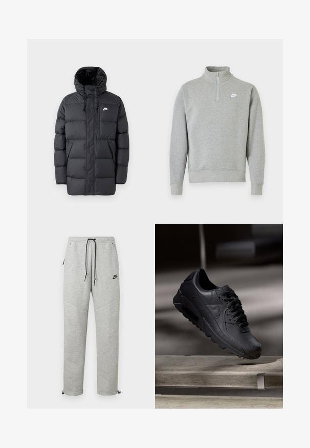 Schwarze Pufferjacke mit Kapuze, mit Reißverschluss vorne, elastischen Bündchen, Seitentaschen und einem kleinen Logo auf der Brust. Strukturierte, gesteppte Optik.; Grauer Sweatshirt mit halbseitigem Reißverschluss-Kragen, langen Ärmeln, gerippten Bündchen und Saum. Mit einem kleinen weißen Nike-Logo auf der Brust.; Graue Nike Sweatpants mit einem Kordelzugbund, Seitentaschen und elastischen Bündchen. Sie haben eine glatte Textur und ein kontrastierendes schwarzes Logodetail.; Schwarze Nike Air Max Sneaker mit einem strukturierten Leder-Obermaterial, Gummisohle und auffälligem Schnürsystem, das ein schlankes, modernes Design präsentiert.