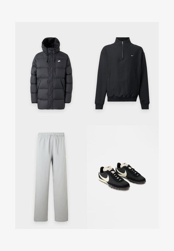 Sort pufferjakke med hætte, med lynlås foran, elastiske manchetter, sidelommer og et lille logo på brystet. Struktureret, quiltet design.; Sort sweatshirt med høj lynlås krave, lange ærmer, sidelommer og elastisk talje. Har et lille hvidt Nike-logo på brystet.; Lysegrå afslappede bukser med elastisk talje og snøre, lige ben, velegnet til hverdagsbrug.; Sorte sportssko med en struktureret overdel, hvid swoosh-logo og gummisål med små stik til trækkraft. Elfenbensfarvet krave.