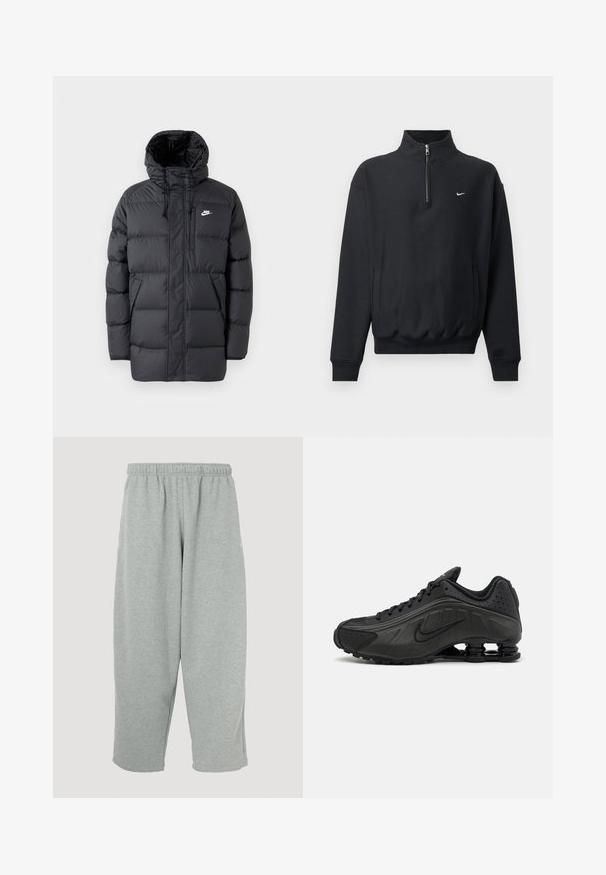 Schwarze Pufferjacke mit Kapuze, mit Reißverschluss vorne, elastischen Bündchen, Seitentaschen und einem kleinen Logo auf der Brust. Strukturierte, gesteppte Optik.; Schwarzer Sweatshirt mit hohem Reißverschlusskragen, langen Ärmeln, Seitentaschen und elastischem Bund. Mit einem kleinen weißen Nike-Logo auf der Brust.; Hellgraue Jogginghose mit elastischem Bund, schmal zulaufendem Bein und weicher Textur. Keine sichtbaren Markenlogos oder Muster.; Schwarze Laufschuhe mit einem glatten synthetischen Obermaterial, durchbrochenen Akzenten, strukturierten Seitenpaneelen und einer ausgeprägten federnden Sohle.