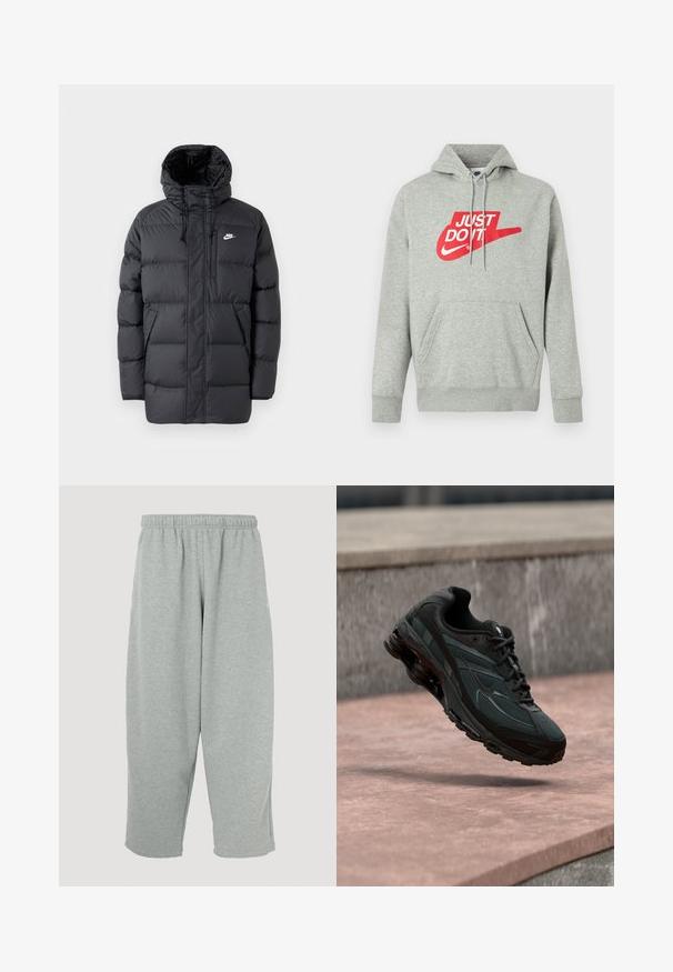 Sort pufferjakke med hætte, med lynlås foran, elastiske manchetter, sidelommer og et lille logo på brystet. Struktureret, quiltet design.; Lysegrå bomulds-hoodie med lomme foran, med stort rødt "JUST DO IT"-logo og Nike Swoosh-grafik på brystet.; Lysegrå joggingbukser med elastisk taljebånd, konisk ben-design og blød tekstur. Ingen synligt mærke eller mønstre.; Sort atletisk sneaker med synligt luftdæmpende mellemsål, der svæver over en pink stenoverflade med en grå stenvæg i baggrunden.
