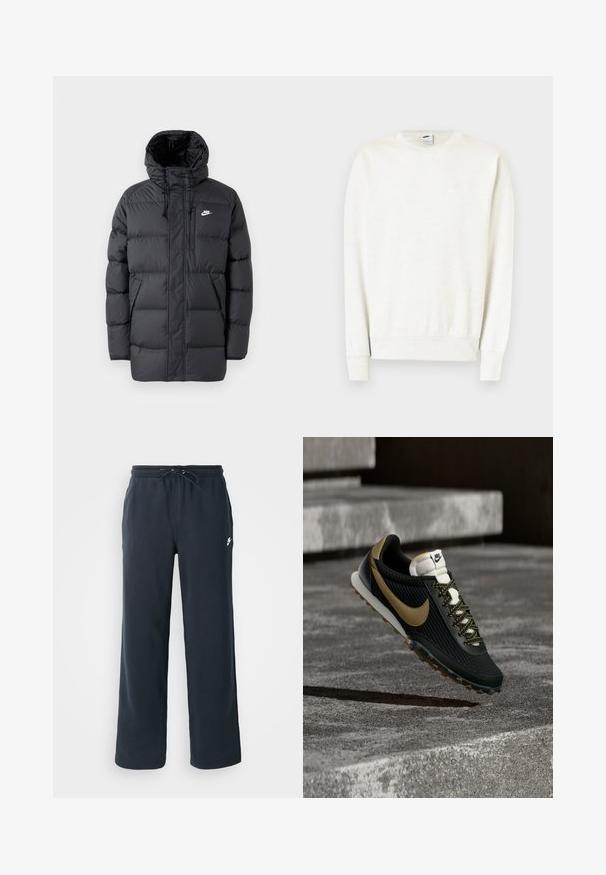 Sort pufferjakke med hætte, med lynlås foran, elastiske manchetter, sidelommer og et lille logo på brystet. Struktureret, quiltet design.; Hvid langærmet crewneck-sweatshirt med ribstrikkede ærmekanter og kant, med et diskret Nike-logo på brystet.; Mørkeblå sweatpants med elastisk talje og snoretræk. Lavet af blødt stof og med et lille hvidt logo på venstre hofte.; Sort og guld Nike løbesko med tekstureret overdel og mønstret snøre, der svæver over ru betongulv og trin.