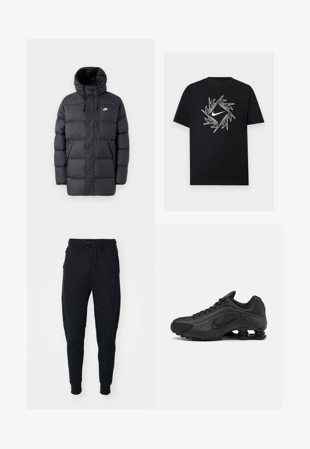 Schwarze Pufferjacke mit Kapuze, mit Reißverschluss vorne, elastischen Bündchen, Seitentaschen und einem kleinen Logo auf der Brust. Strukturierte, gesteppte Optik.; Schwarzes T-Shirt mit kurzen Ärmeln und einem weißen Nike-Swoosh in der Mitte, umgeben von einem dynamischen stacheligen Kreisdesign.; Schwarze Jogginghosen aus weichem Stoff, mit einem Kordelzugbund, schmalem Bein und seitlichen Taschen mit einem eleganten Design.; Schwarze Laufschuhe mit einem glatten synthetischen Obermaterial, durchbrochenen Akzenten, strukturierten Seitenpaneelen und einer ausgeprägten federnden Sohle.
