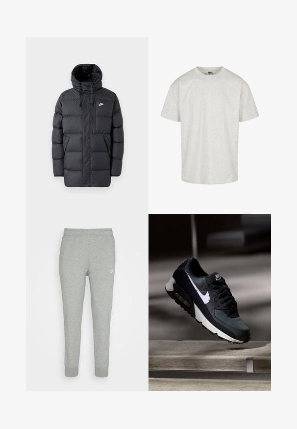 Schwarze Pufferjacke mit Kapuze, mit Reißverschluss vorne, elastischen Bündchen, Seitentaschen und einem kleinen Logo auf der Brust. Strukturierte, gesteppte Optik.; Helles graues Baumwoll-T-Shirt mit kurzen Ärmeln, einem Rundhalsausschnitt und einer lässigen Passform. Texturiertes Gewebe mit einem dezenten melierten Muster.; Graue Sweatpants aus weichem Stoff, mit schmal zulaufendem Bein, elastischem Bund und kleinem weißen Nike-Logo am linken Oberschenkel.; Schwarzer und grauer Nike Air Max Sneaker mit weißem Swoosh, schwebend über einer Betonfläche vor einem verschwommenen dunklen Hintergrund.