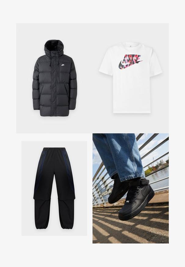 Zwarte pufferjack met capuchon, uitgerust met een ritssluiting aan de voorkant, elastische manchetten, zijzakken en een klein logo op de borst. Getextureerd, gewatteerd ontwerp.; Witte T-shirt met korte mouwen en een groot Nike-logo in zwart met een multicolor luipaardprintpatroon en het woord "AIR" binnen het logo.; Zwarte en donkerblauwe cargobroek met elastische tailleband en boorden, voorzien van ritssluitingen aan de zijkanten en gelaagde stofpanelen op de dijen.; Zwarte Nike Air Force 1 sneakers met leren bovenkant, mesh tong en rubberen zool, met een high-top ontwerp en dikke veters.