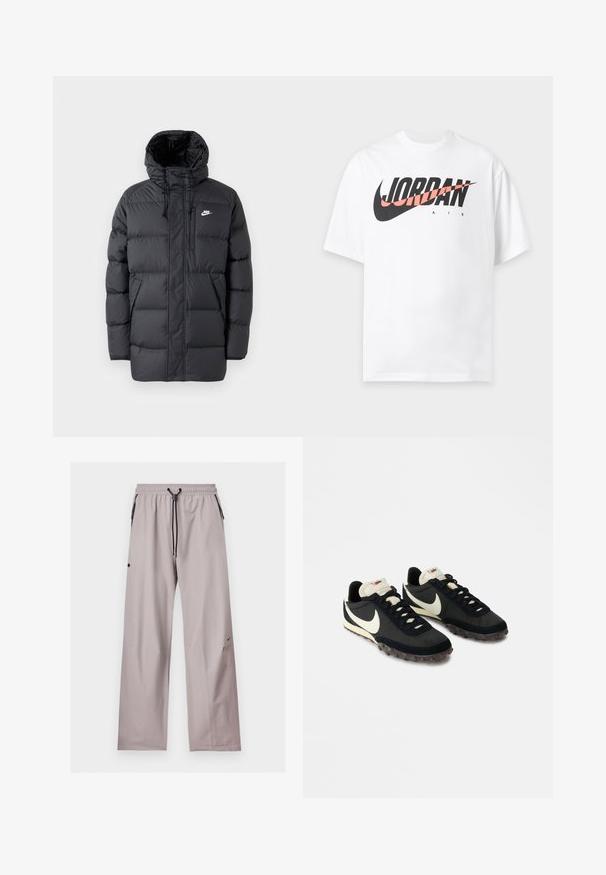 Sort pufferjakke med hætte, med lynlås foran, elastiske manchetter, sidelommer og et lille logo på brystet. Struktureret, quiltet design.; Hvid T-shirt med korte ærmer med stor sort og pink "JORDAN AIR" logo og Nike swoosh over brystet.; Lysegrå løstsiddende bukser med elastisk talje, sort justerbar snor og sidelommer med sorte lynlåse.; Sorte sportssko med en struktureret overdel, hvid swoosh-logo og gummisål med små stik til trækkraft. Elfenbensfarvet krave.