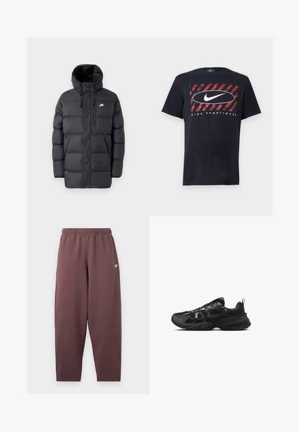 Chaqueta de plumas negra con capucha, que cuenta con un cierre de cremallera frontal, puños elásticos, bolsillos laterales y un pequeño logo en el pecho. Diseño texturizado y acolchado.; Camiseta negra de manga corta de Nike con fondo rojo en pinceladas diagonales, contorno ovalado blanco y logo Nike en blanco junto con el texto "Nike Sportswear".; Pantalones deportivos de corte holgado en color malva oscuro con cintura elástica y pequeño logo Nike swoosh blanco en la parte superior del muslo.; Zapatilla deportiva negra con parte superior de malla, suela de goma y acentos texturizados. Presenta un diseño de cordones y un logotipo distintivo en el lateral.