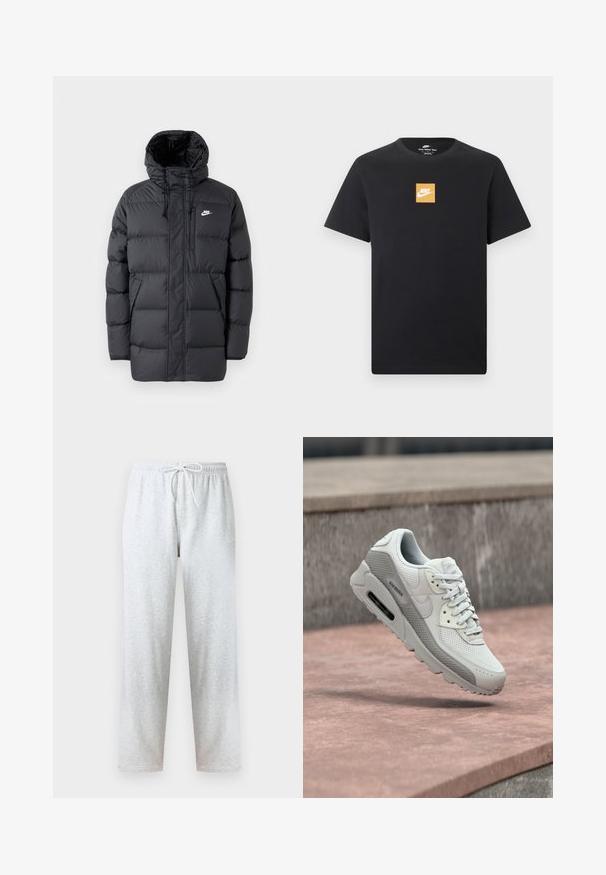 Sort pufferjakke med hætte, med lynlås foran, elastiske manchetter, sidelommer og et lille logo på brystet. Struktureret, quiltet design.; Sort kortærmet Nike T-shirt med en lille orange firkantet logo og hvid Nike-swoosh placeret centralt på brystet.; Grå joggingbukser lavet af blødt stof med elastisk talje og snøre samt lige ben. Ingen mønstre eller detaljer synlige.; Hvid og grå atletiksneaker med mesh og læderdetaljer svæver over en rosa stenoverflade og grå betonbaggrund.
