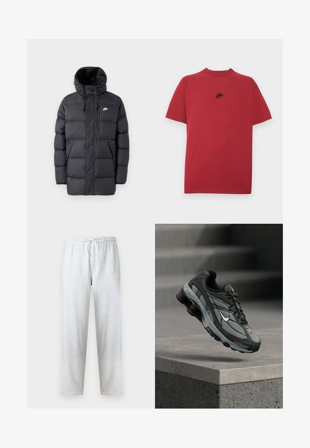 Mustard värvi puhvjakkk, millel on kapuuts, ees tõmblukk, elastsed mansetid, küljetaskud ja väike logo rinnal. Tekstuuriga, tikitud disain.; Punane puuvillane T-särk, millel on must Nike'i logo rinnal, lühikesed varrukad, ümar kaelus ja tavapärane lõige. Sile tekstuur.; Hallid dressipüksid, mis on valmistatud pehmest kangast, millel on elastne vöökoht paelaga ja sirged sääred. Muster või aktsendid puuduvad.; Hall ja musta sportlik toss, millel on võrkmaterjalist paneelid ja paks tald, paigutatud õhus betoonist äärekivi ja treppide kohal taustal.