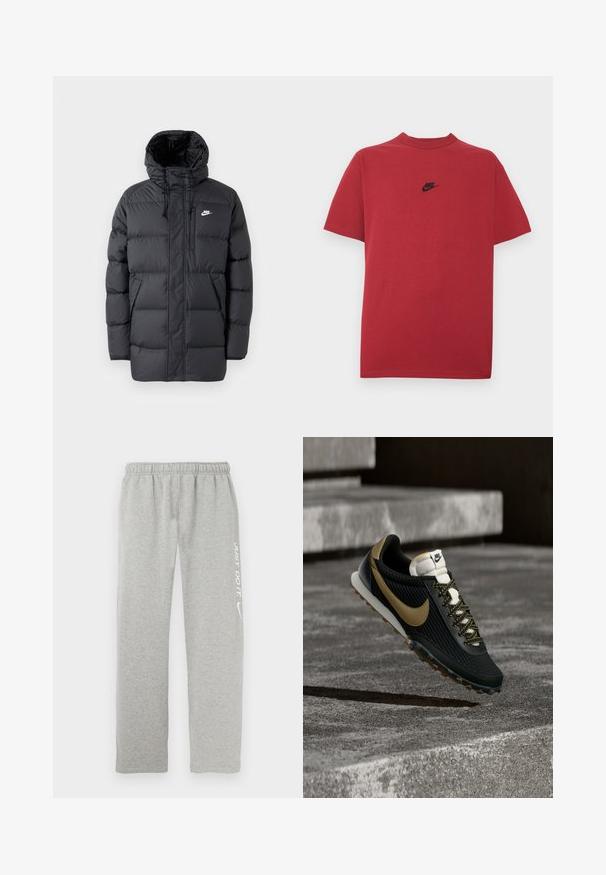 Schwarze Pufferjacke mit Kapuze, mit Reißverschluss vorne, elastischen Bündchen, Seitentaschen und einem kleinen Logo auf der Brust. Strukturierte, gesteppte Optik.; Rotes Baumwoll-T-Shirt mit schwarzem Nike-Logo auf der Brust, kurzen Ärmeln, rundem Ausschnitt und normaler Passform. Glatte Textur.; Graue Jogginghose aus weichem Material mit elastischem Bund. Auf einem Bein befinden sich der weiße Schriftzug "JUST DO IT" und das Nike-Swoosh-Logo.; Schwarzer und goldener Nike Laufschuh mit strukturiertem Obermaterial und gemusterten Schnürsenkeln, der über einer rauen Betonfläche und Stufen schwebt.