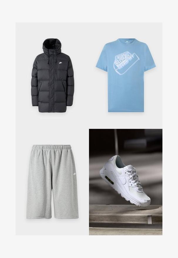 Mustard värvi puhvjakkk, millel on kapuuts, ees tõmblukk, elastsed mansetid, küljetaskud ja väike logo rinnal. Tekstuuriga, tikitud disain.; Helehall sinise lühikeste varrukatega Nike T-särk, millel on suure hõbedase Nike logo ja laubal stiilne valge Swooshi graafika.; Hallid puuvillased püksid elastse vöökoha ja lahtise lõikega, väike valge logo ääre lähedal. Sile tekstuur, pikkus üle põlve.; Valged Nike Air Max 90 sneakers, millel on võrkkangast ja nahast ülemine osa, aukudega varbadosa ning nähtav õhuüksus kandades.