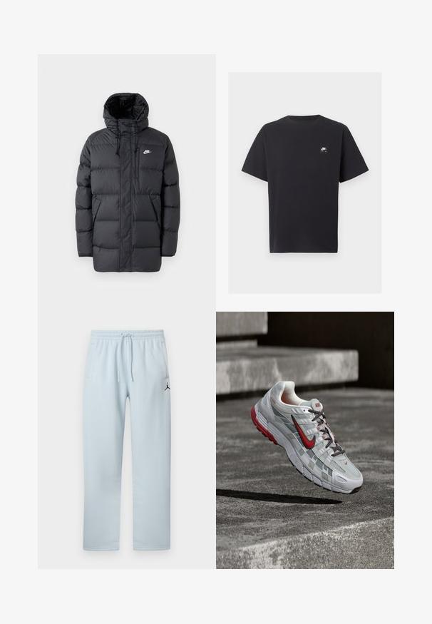 Schwarze Pufferjacke mit Kapuze, mit Reißverschluss vorne, elastischen Bündchen, Seitentaschen und einem kleinen Logo auf der Brust. Strukturierte, gesteppte Optik.; Schwarzes Nike Air T-Shirt mit kurzen Ärmeln, Rundhalsausschnitt und kleinem weißen Logo auf der linken Brust.; Hellblaue Jogginghose aus weichem Stoff mit elastischem Bund und Kordelzug, zwei Seitentaschen und einem schwarzen Logo-Akzent.; Weißer und grauer Nike-Laufschuh mit roten Akzenten und schwarzen Schnürsenkeln, schwebend über grauen Betonstufen.