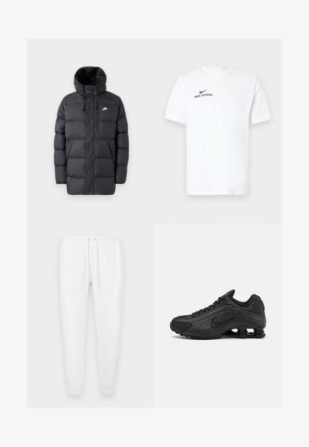 Sort pufferjakke med hætte, med lynlås foran, elastiske manchetter, sidelommer og et lille logo på brystet. Struktureret, quiltet design.; Hvid bomulds T-shirt med korte ærmer. Har en sort "Nike Official"-logo og en sort swoosh på venstre brystside.; Hvide joggingbukser lavet af blødt stof, med elastisk taljebånd og snøre, samt tætsiddende manchetter ved anklerne. Ingen synlige mønstre.; Sorte løbesko med en glat syntetisk overdel, perforerede detaljer, teksturerede sidedele og en distinkt fjedrende sål.
