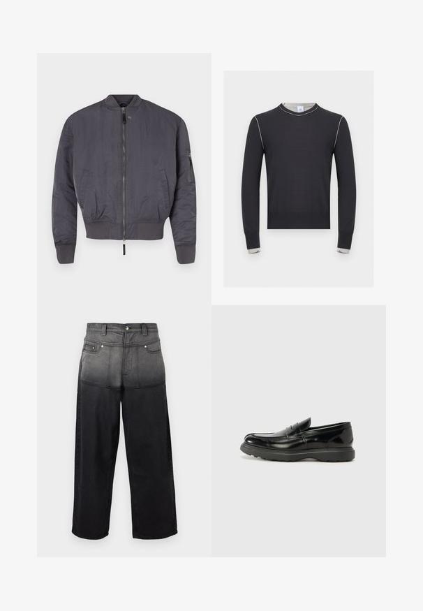 Chaqueta bomber gris con cremallera en el frente, puños y dobladillo acanalados. Cuenta con un bolsillo lateral en ángulo con cremallera en la manga. Textura suave.; Jersey negro de manga larga con costuras blancas a lo largo de los hombros y los puños, con cuello redondo y dobladillo y puños acanalados.; Jeans de talle alto y pierna ancha con una sección superior gris descolorida que se transforma en una parte inferior negra sólida, contando con bolsillos delanteros y trabillas para cinturón.; Mocasín de cuero negro con un acabado brillante, punta redondeada, detalles de costura sutiles y una suela de goma gruesa para mayor durabilidad.