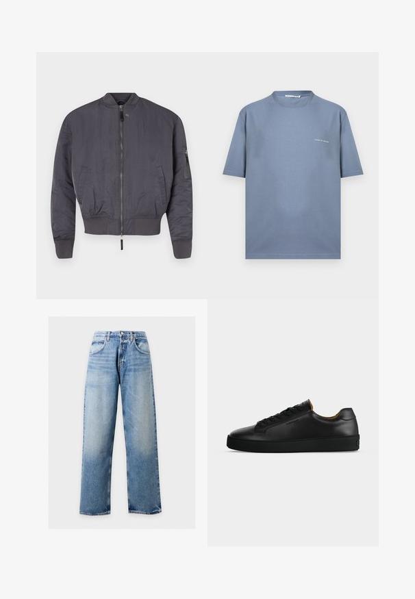 Chaqueta bomber gris con cremallera en el frente, puños y dobladillo acanalados. Cuenta con un bolsillo lateral en ángulo con cremallera en la manga. Textura suave.; Camiseta azul de manga corta y cuello redondo con el logotipo "Tiger of Sweden" impreso en pequeño texto blanco en el lado izquierdo del pecho.; Vaqueros de pierna ancha en azul claro con bolsillos delanteros, trabillas para el cinturón y cierre de botón sobre un fondo liso.; Zapatilla negra de piel de corte bajo con cordones negros, suela de goma texturizada y pequeño logo en relieve en el lateral, mostrada de perfil sobre fondo gris.