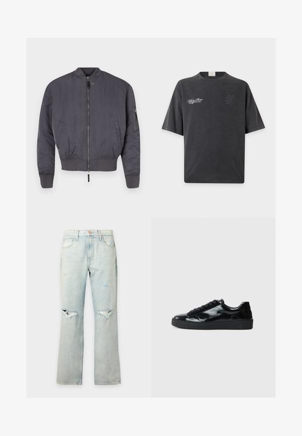 Chaqueta bomber gris con cremallera en el frente, puños y dobladillo acanalados. Cuenta con un bolsillo lateral en ángulo con cremallera en la manga. Textura suave.; Camiseta de manga corta gris oscuro con texto blanco "Filling Pieces Bridge The Gap" en el pecho izquierdo y un sutil logo oscuro en el pecho derecho.; Vaqueros de mezclilla azul claro con perneras rectas y detalles rasgados en ambas rodillas, con cinco bolsillos y cierre con botón.; Zapatillas de charol negro con punta redonda, diseño con cordones, suela de goma texturizada y acabado suave.