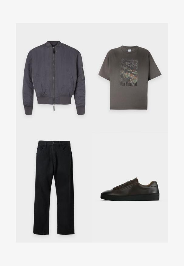 Chaqueta bomber gris con cremallera en el frente, puños y dobladillo acanalados. Cuenta con un bolsillo lateral en ángulo con cremallera en la manga. Textura suave.; Camiseta gris oscuro con una gráfica descolorida de una escena interior llena de gente y el texto "Won Hundred" en negro en el centro inferior.; Pantalones vaqueros negros de denim, con un diseño clásico de cinco bolsillos, corte recto y cierre de botón. Textura suave, sin patrones visibles.; Zapatilla de perfil bajo de cuero marrón oscuro con suela de goma negra, cierre de cordones y diseño liso y minimalista sobre un fondo claro.