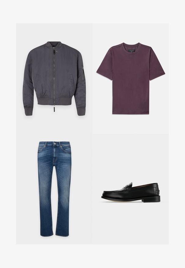 Halli hall kaabuga hall rumal, lukuga ees, soonikkäised varrukad ja ääred. Omab diagonaalset külgtaskut, millel on lukuga varrukas. Sile tekstuur.; Tumedast roosa lühikeste varrukatega ümar kaelusega T-särk, mille kaelas on nähtav brändi silt.; Meeste sinised sirgete säärega teksapüksid esitaskute, nööpkinnituse ja õrnade kulunud detailidega reitel ning põlvedel.; Meeste must nahast loafer madala kontsa ja mokasiini-tüüpi õmblusega varbaosas, küljelt vaadatuna, ühevärvilise taustaga.