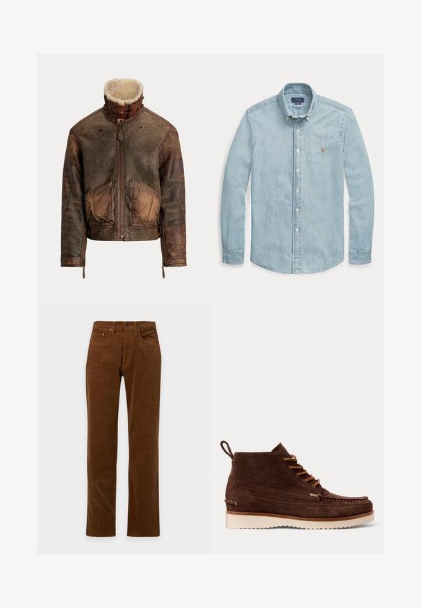 Braune, abgenutzte Lederjacke mit Frontreißverschluss, großen Taschen, Lammfellkragen und doppeltem Schnallenverschluss am Kragen.; Hellblaues langärmliges Jeanshemd mit Button-Down-Kragen, weißen Knöpfen und einem kleinen bestickten Polo Ralph Lauren-Logo auf der Brust.; Braune Cordhose mit geradem Bein, Vorderknopf, Reißverschluss, Gürtelschlaufen und Fünf-Taschen-Design auf einem einfarbigen hellen Hintergrund.; Brauner Wildleder-Stiefel mit Schnürung vorne, Nahtdetails, Fersenschlaufe und weißer profilierter Sohle auf einfarbigem Hintergrund.