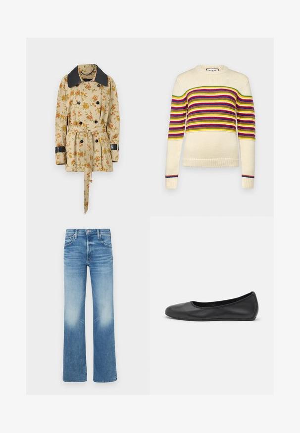 Rabanne Overgangsjakke - sand/pink green/yellow; Cremefarvet sweater med horisontale striber i rød, grøn, gul og blå. Har en rund halsudskæring og ribbede manchetter. Strikket tekstur.; Mother THE BOOKIE SNEAK - Jeans Relaxed Fit - blue denim; Sort læderballetsko med rund tå, glat tekstur, minimal syning og et fleksibelt såldesign.