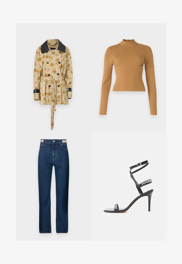 Rabanne Jas - sand/pink green/yellow; Geribbelde coltrui in warm bruin. Met lange mouwen, een aansluitend ontwerp en een kleine rits aan de achterkant. Soepele textuur.; Rabanne Straight leg jeans - dark blue denim; Zwarte sandaal met hoge hak, smalle enkelband, middenvoetband versierd met zilveren schakels en een open teenontwerp.