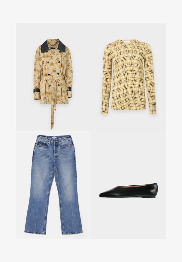 Rabanne Overgangsjakke - sand/pink green/yellow; Rabanne Langærmet T-shirt - green/yellow/cream; RE/DONE LOOSE - Jeans Bootcut - hacienda; Sort damesko i læder med flad hæl og spids tå, vist fra siden på en ensfarvet lys grå baggrund.