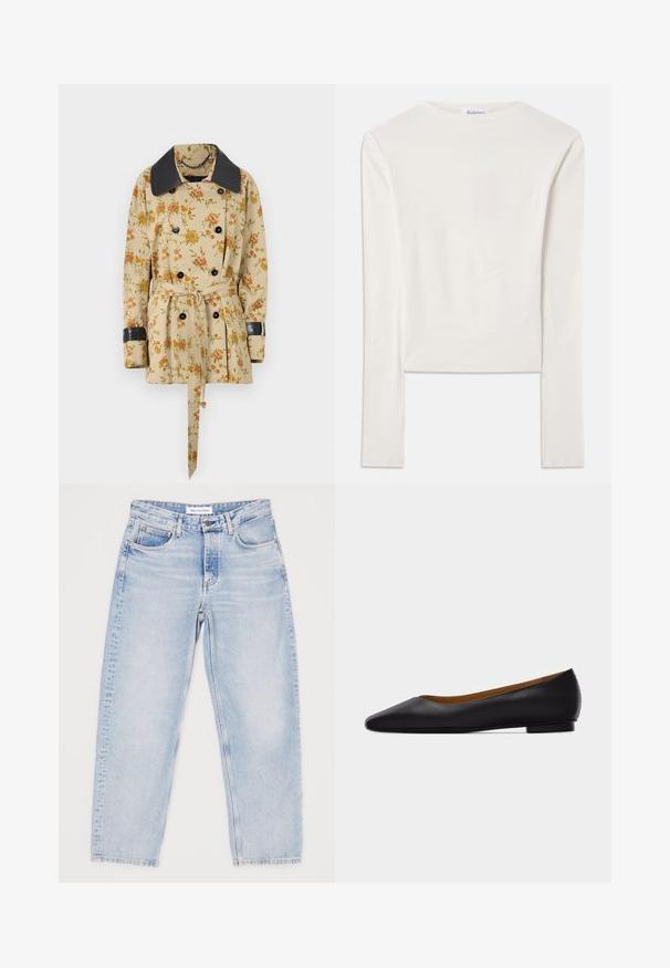 Rabanne Jas - sand/pink green/yellow; Witte lange mouw top van katoen, met een eenvoudige ronde hals en een slim fit. De stof is glad met een lichte stretch.; Lichtblauwe denim jeans met een relaxte pasvorm, vijf zakken en een rechte pijpdesign. Vervaagde textuur, bovenste knoop en ritsluiting.; Zwarte leren puntschoen met lage hak en gladde afwerking, zijaanzicht op een lichtgrijze achtergrond.