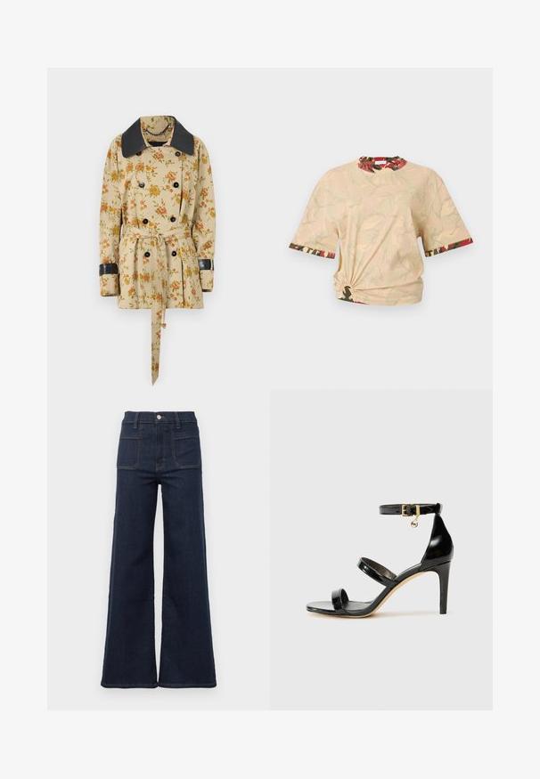 Rabanne Overgangsjakke - sand/pink green/yellow; Rabanne T-shirts print - beige/kaki/brique/noir; Mørkeblå flagrende jeans lavet af denim med høj talje, der har to baglommer og kontrasterende syninger langs sømmene.; Sorte patenterede lædersandaler med tre stropper, ankelspænde og 10 cm stiletthæl. Har detaljer i guld og et logo charms.