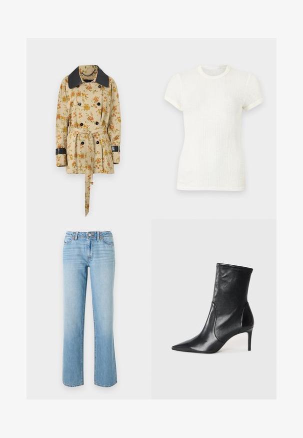 Rabanne Overgangsjakke - sand/pink green/yellow; Hvid ribstrikket t-shirt med korte ærmer, rund halsudskæring og let puffede ærmer.; RE/DONE THE SANASA - Jeans Relaxed Fit - media noche; Sorte ankelstøvler lavet af glat læder, med spids tå, tætsiddende skaft og en slank høj hæl. Minimalistisk design uden synligt hardware.