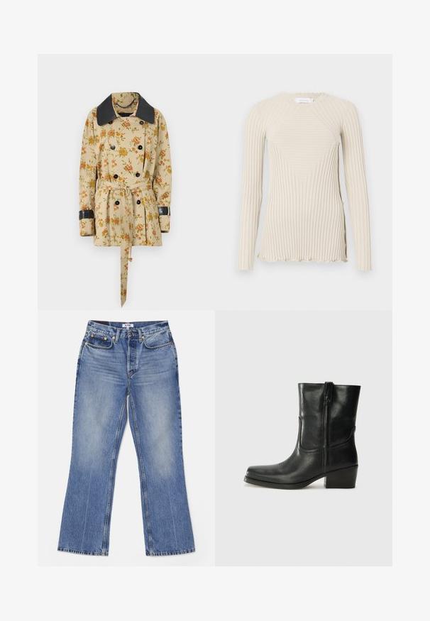 Rabanne Overgangsjakke - sand/pink green/yellow; Rabanne Langærmet T-shirt - ecru; RE/DONE LOOSE - Jeans Bootcut - hacienda; Sort læder ankelstøvle med rundt tå, blokhæl, lynlås i siden og stikninger på vampsiden. Glat tekstur, klassisk design.