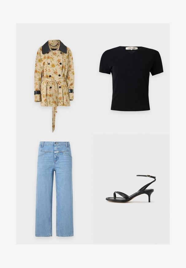 Rabanne Overgangsjakke - sand/pink green/yellow; Sort kortærmet t-shirt med V-halsdesign, lavet af et glat, strækbart stof. Har en enkel, klassisk silhuet uden udsmykninger.; CLOSED STOVER - Jeans Relaxed Fit - light blue; Sort damesandal i læder med tynde remme, en tå-loop, ankelspænde og en mellemhøj stiletthæl på en neutral baggrund.
