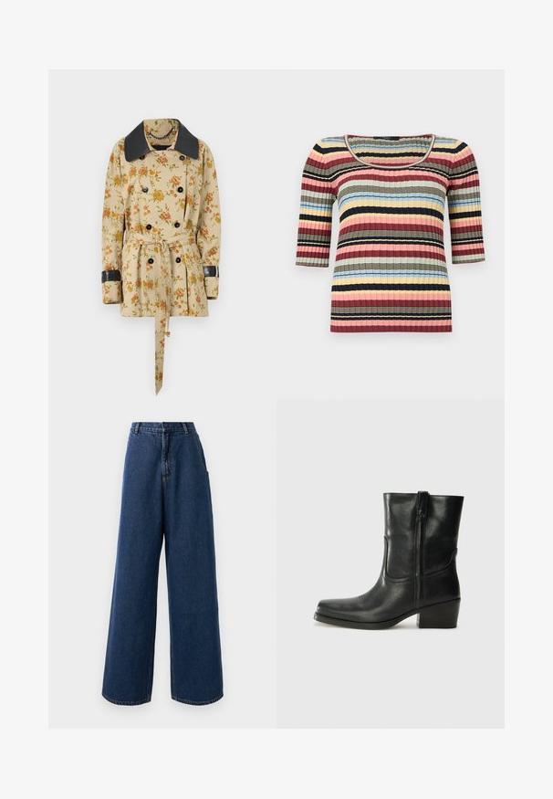 Rabanne Overgangsjakke - sand/pink green/yellow; Figursyet ribstrikket top med albuelange ærmer, rund halsudskæring og vandrette striber i marineblå, pink, gul, blå og beige.; Højtaljede brede jeans i mørkeblå denim med frontknap og lynlås, bæltestropper og sidelommer.; Sort læder ankelstøvle med rundt tå, blokhæl, lynlås i siden og stikninger på vampsiden. Glat tekstur, klassisk design.
