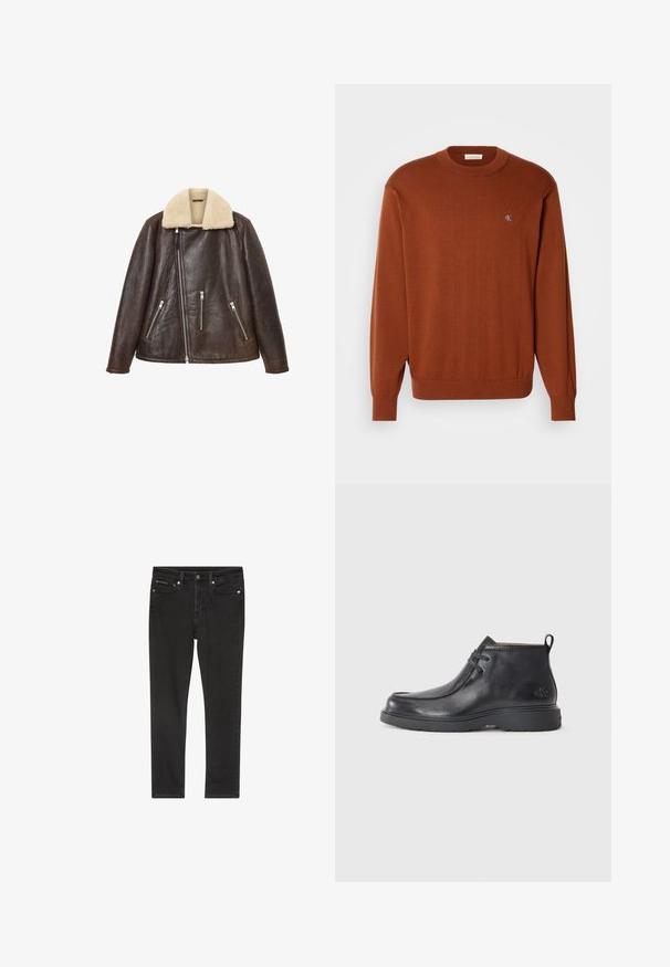 Mørkebrun læderjakke med off-white shearling-krave og asymmetrisk forlynlås, med tre lynlåslommer foran.; Rustfarvet crewneck sweater i fint strik, med ribbede manchetter og kant, og med et lille blåt logo på brystet. Blød tekstur.; Sorte denimjeans med slim fit, der har fire lommer, lukning med metalknap og let slidte detaljer. Glat tekstur og klassisk design.; Sorte læder ankelstøvler med rund tå, snørelukning og en løkke bagpå. Tekstureret overdel og gummisål.