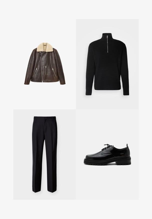 Mørkebrun læderjakke med off-white shearling-krave og asymmetrisk forlynlås, med tre lynlåslommer foran.; Lindbergh HALF ZIP RIB KNIT - Striktrøje - black; Sorte skræddersyede bukser med lige snit, foldet forstykke og sidelommer. Fremstillet af et glat, let stof med et ensartet mønster.; Sort poleret læder snørestøvle med tyk gummisål og lav hæl, sideskilt med mærketekst "SAMSOE" og bageste træksnor.