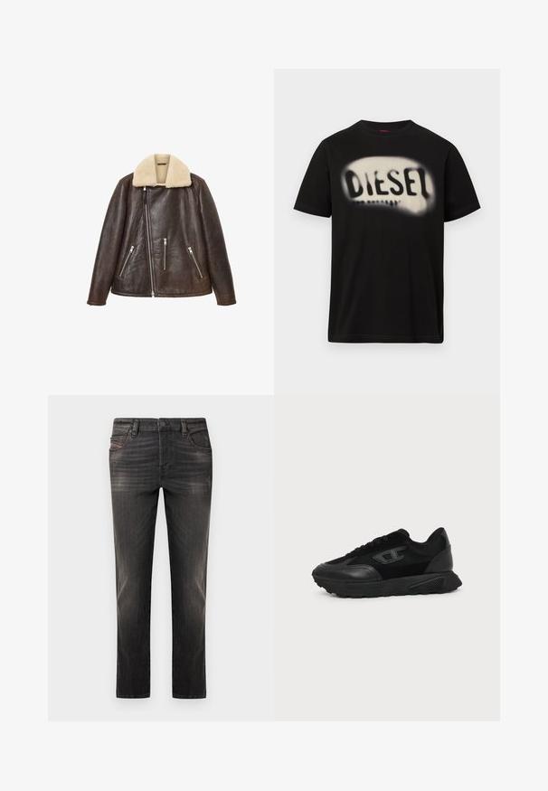 Chaqueta de cuero marrón oscuro con cuello de shearling color blanco roto y cremallera frontal asimétrica, con tres bolsillos con cremallera en la parte delantera.; Camiseta negra de algodón con un gran logo blanco difuminado que muestra la palabra "DIESEL" en el frente. Mangas cortas, cuello redondo.; Vaqueros de mezclilla negra con diseño desteñido, corte recto, estilo de cinco bolsillos y cierre de botones. Presentan costuras sutiles y detalles metálicos.; Zapatilla negra de corte bajo con suela texturizada, parte superior de malla y cuero, cierre de cordones en la parte delantera y un pequeño logo en relieve en el panel lateral.