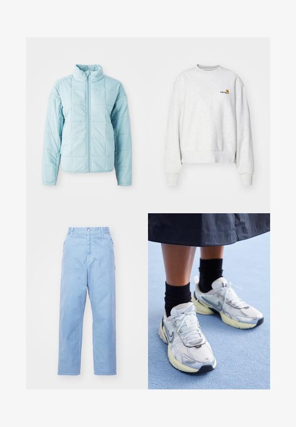 Lyseblå quiltet jakke med frontlynlås og høj krave, der har lange ærmer og kvadratisk stikningsmønster.; Grå crew-neck sweatshirt i et blødt stof med ribbede manchetter og kant; har broderet logo på brystet i gul og mørkerød.; Lyseblå denimbukser med lige ben-design, knaplukning og forlommer. Stof har en subtil tekstur med en glat finish.; Hvide og sølv Nike sneakers med mesh-stof, reflekterende detaljer og en beige sål. Bæres med sorte sokker og står på en blå overflade.