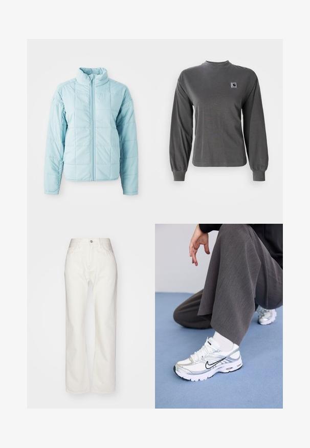 Lyseblå quiltet jakke med frontlynlås og høj krave, der har lange ærmer og kvadratisk stikningsmønster.; Langærmet grå t-shirt lavet af bomuld, med rund halsudskæring og elastiske manchetter, samt et lille firkantet logo på brystet.; Hvide denimbukser med høj talje og bred benpasform. Har en knap- og lynlåslukning, bæltesløjfer og subtile syninger.; Hvide og sølv atletik sko med meshej og syntetiske materialer, der har sorte accentlinjer, snørebånd og strukturerede såler.