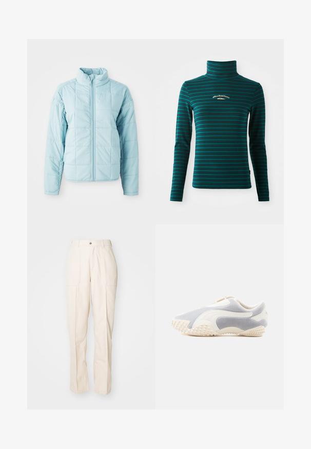 Chaqueta acolchada azul claro con cremallera delantera y cuello alto, con mangas largas y un patrón de costura cuadrada.; Top de cuello alto de manga larga en color teal con rayas horizontales en azul oscuro. Presenta un pequeño logo en blanco y dorado en el pecho. Tejido suave y elástico.; Pantalones beige de pierna recta fabricados en una mezcla de algodón. Presentan dos bolsillos frontales, un cierre de botón y detalles de costura visibles.; Zapatilla deportiva en gamuza gris claro con acentos en cuero blanco. Presenta una suela texturizada con pequeñas puntas para agarre. Diseño tipo slip-on.