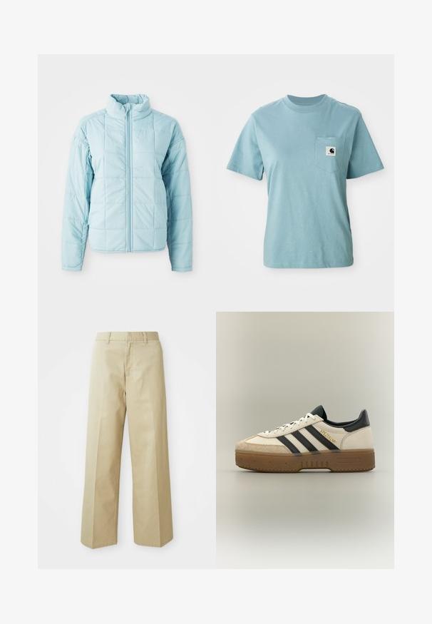 Lyseblå quiltet jakke med frontlynlås og høj krave, der har lange ærmer og kvadratisk stikningsmønster.; Lyseblå kortærmet bomulds T-shirt med brystlomme og et lille sort-hvidt Carhartt logo patch.; Beige vide bukser lavet af bomuld med en glat tekstur. Har en lige pasform, bæltestropper og skrå lommer.; Hvid Adidas sneaker med sorte striber, beige ruskindstå, brun sål og "SPEZIAL" i guldskrift på siden.