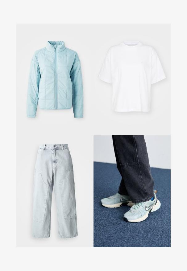 Lyseblå quiltet jakke med frontlynlås og høj krave, der har lange ærmer og kvadratisk stikningsmønster.; Hvid bomulds t-shirt med rund hals, korte ærmer og en afslappet pasform. Har et diskret logo på venstre brystområde. Glat tekstur.; Lys blå denim bred benbukser med store sidelommer, høj talje og løst fit. Slidte tekstur med en falmet finish.; Lyseblå mesh Nike sneakers med struktureret finish, sort swoosh og cremefarvet mellemsål, parret med mørkegrå vide bukser.