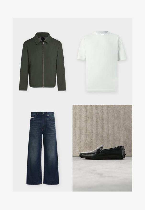 Veste vert foncé avec manches longues, un col et une fermeture éclair argentée centrale, présentée sur un fond clair uni.; T-shirt en coton vert clair avec coupe décontractée, manches courtes et col rond côtelé. Sans motifs ni accents supplémentaires.; Jean en denim bleu foncé à jambes larges avec poches avant, passants de ceinture, fermeture par boutons et légère décoloration sur les cuisses et les genoux.; Mocassins en cuir noir avec une finition brillante, bout rond et quincaillerie décorative à l'avant. Semelle en caoutchouc à profil bas. Texture lisse.