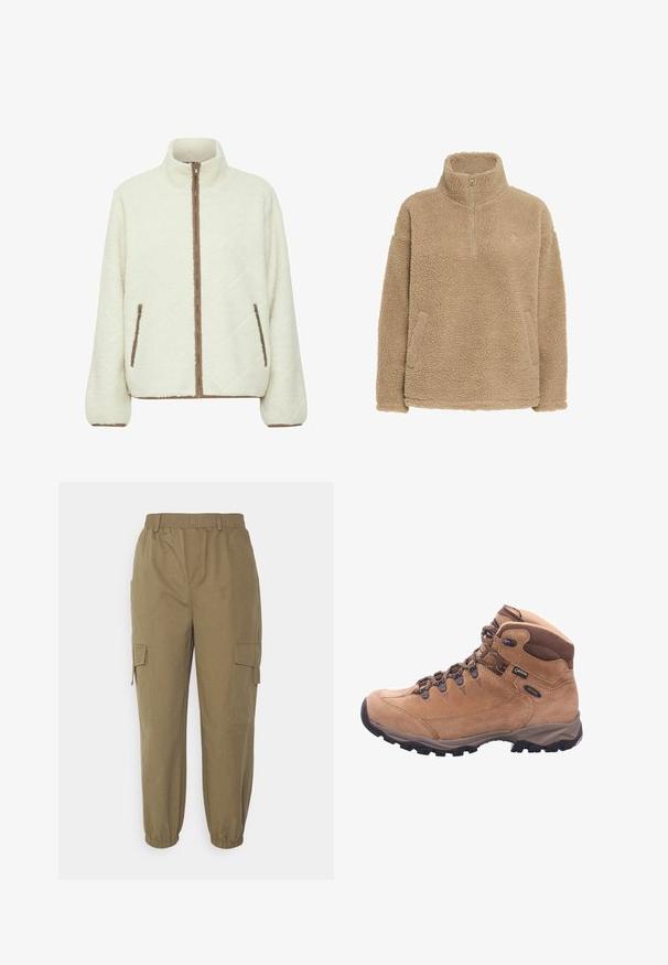 Veste en polaire couleur crème avec un col haut, fermeture éclair complète, motif matelassé en diagonale et accents de fermeture éclair marron sur les poches et les poignets.; Pull en polaire beige avec demi-zippé, col haut et poches latérales ; dispose d'une surface texturée et douce avec une coupe décontractée.; Vero Moda Tall VMTIMMIKAY PANT - Pantalon cargo - capers; Botte de randonnée marron en daim et en matériau synthétique, présentant une tige haute, un laçage à l'avant et une semelle en caoutchouc avec des crampons profonds pour une meilleure adhérence.