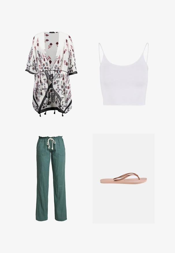 Kimono blanc avec des motifs floraux en noir, rouge et bleu, présentant une ouverture à l'avant, des manches larges et une bordure noire avec des accents de franges.; Haut camisolé blanc avec de fines bretelles réglables, une coupe ajustée et une texture lisse et extensible sans motifs ni embellissements.; Pantalons en lin léger et vert avec une coupe décontractée, une taille élastique et un cordon de serrage, comportant deux poches latérales.; Une seule sandale tongs rose clair avec semelle texturée et brides en forme de Y en or rose métallique sur un fond uni.