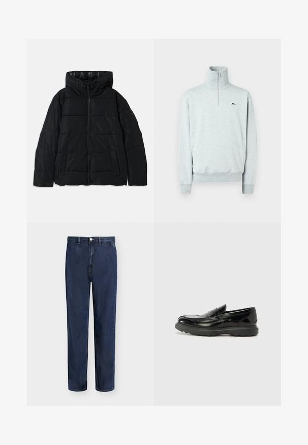 Schwarze Daunenjacke mit Kapuze, ausgestattet mit einem Reißverschluss, gestepptem Muster und seitlichen Taschen. Hergestellt aus leichtem, wasserabweisendem Material.; Helles graues Quarter-Zip-Pullover mit hohem Kragen, langen Ärmeln, gerippten Bündchen und Saum sowie kleinem schwarzem Logo auf der linken Brust.; Dunkelblaue Straight-Leg-Denim-Jeans mit Gürtelschlaufen, vorne mit Knopf und Reißverschluss, dargestellt vor einem schlichten hellen Hintergrund.; Schwarze Lederloafer mit glanzendem Finish, abgerundetem Zehenbereich, subtilen Steppnähten und einer dicken Gummisohle für Langlebigkeit.