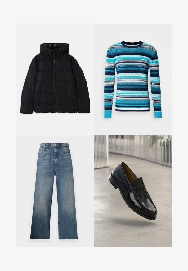 Veste matelassée noire avec capuche, dotée d'une fermeture zippée, d'un motif cousu et de poches latérales. Fabriquée en matériau léger et résistant à l'eau.; Pull en tricot avec un col rond, présentant des rayures horizontales dans des nuances variées de bleu, blanc et gris. Texture douce, manches longues.; Jean large en denim bleu à taille haute, avec une légère décoloration, cinq poches et une fermeture à bouton en métal à l'avant.; Mocassin en cuir verni noir avec un accent cousu, bout rond, petit talon et surface lisse, présenté sur un fond neutre.