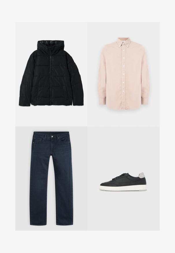Veste matelassée noire avec capuche, dotée d'une fermeture zippée, d'un motif cousu et de poches latérales. Fabriquée en matériau léger et résistant à l'eau.; Chemise bouton-nuque rose clair à manches longues, avec un col et des boutons blancs. Fabriquée dans un tissu lisse avec une coupe régulière.; Jean droit en denim bleu foncé avec bouton et fermeture éclair à l'avant, passants de ceinture et style cinq poches sur fond clair.; Baskets basses noires avec semelle blanche et languette grise au talon, vue de profil sur un fond blanc uni.