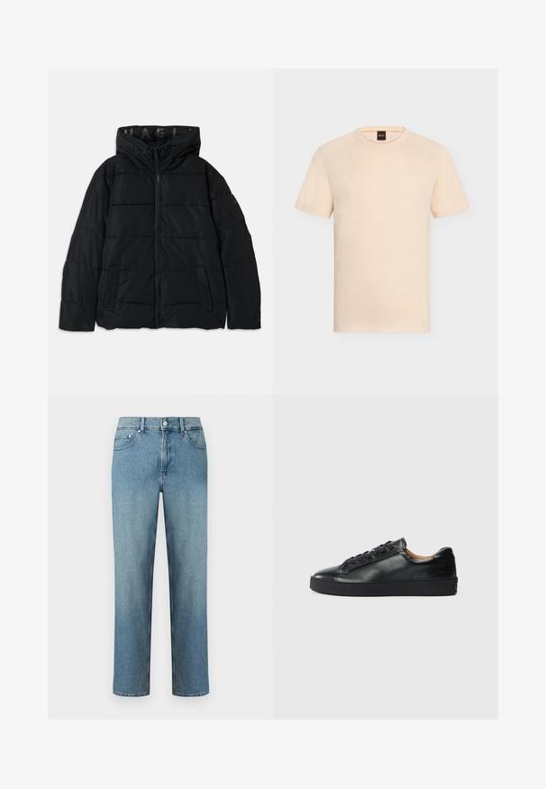 Schwarze Daunenjacke mit Kapuze, ausgestattet mit einem Reißverschluss, gestepptem Muster und seitlichen Taschen. Hergestellt aus leichtem, wasserabweisendem Material.; Beiges T-Shirt mit kurzen Ärmeln und Rundhalsausschnitt, dezent mit „BOSS“-Logo auf der Brust und einem schwarzen Etikett innen am Halsausschnitt.; Hellblaue Jeans aus Denim mit geradem Schnitt, fünf Taschen und einem Knopfverschluss an der Taille. Abgesteppte Details entlang der Nähte.; Schwarze Leder-Sneaker mit glatter Textur, runder Zehenpartie und Schnürverschluss. Verfügt über eine dicke Gummisohle und minimalistische Marken-Details.