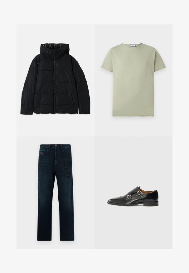 Sort puffjakke med hætte, der har lynlåslukning, quiltet mønster og sidelommer. Lavet af letvægts, vandafvisende materiale.; Lysegrøn kortærmet T-shirt med rund hals og en lille hvid label inde i kraven på en ensartet hvid baggrund.; Mørk denim straight-leg jeans med subtil falming, med dekorative lapper i sort, blå syninger og forlommer.; Sort læder monk strap sko med spids tå, enkelt spænde detaljer, glat tekstur og flad hæl. Minimalistisk design med subtil branding.