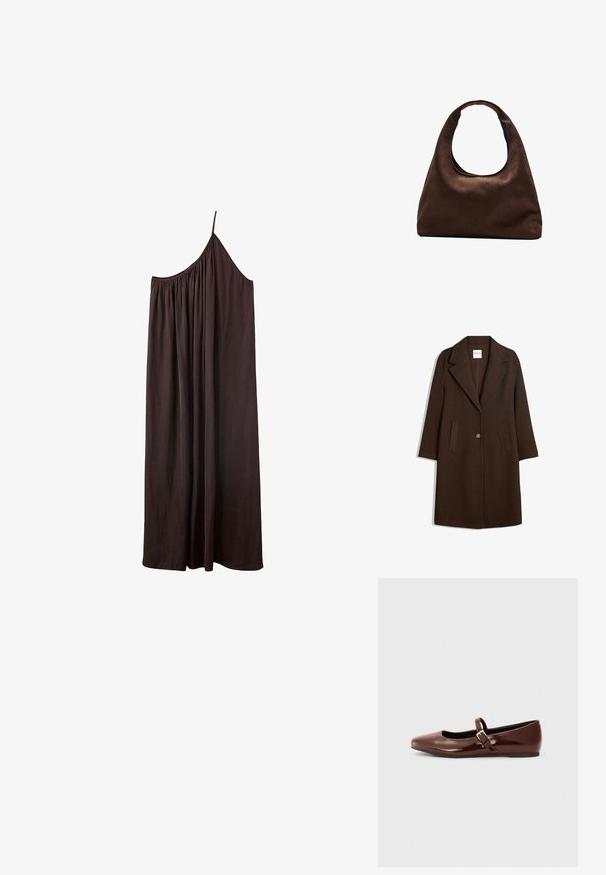 Manteau en mélange de laine marron avec un col cranté, deux poches avant et une fermeture à un bouton. Coupe droite avec manches longues.; Robe longue asymétrique marron foncé avec une fine bretelle et un tissu froncé au niveau de l'encolure sur fond blanc.; Ballerine en cuir verni marron avec un bout carré et une lanière ornée d'une petite boucle dorée. Texture lisse, talon bas et design minimaliste.; Sac à main en toile marron doux de style hobo avec une large sangle unique et une ouverture en haut arrondie, présenté sur un fond blanc.
